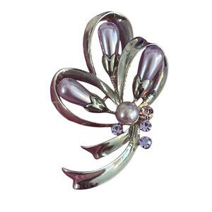 Vtg Silver Tone Brooch Lilac Purple Faux Pearls Rhinestones Ribbon 2.25" Estate